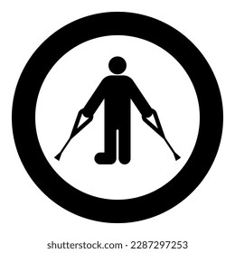 Man with broken leg crutch cane gypsum foot stick using sticks person crutches trauma concept icon in circle round black color vector illustration image solid outline style