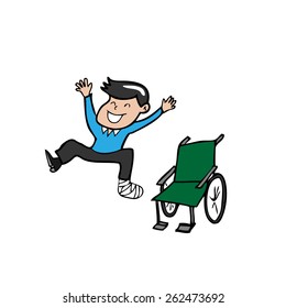 Man broken leg jump off wheelchair
