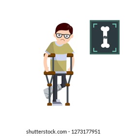 A man with a broken leg on crutches. The bandage on the foot. Fracture injury. The patient is disabled in the hospital with an x-ray. Providing medical care. Cartoon flat illustration