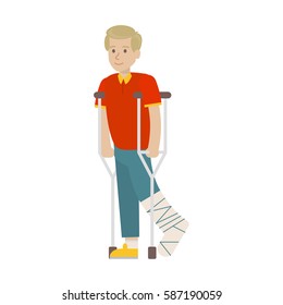 Man with broken leg on white background. leg in plaster. Smiling young boy wih crutches.