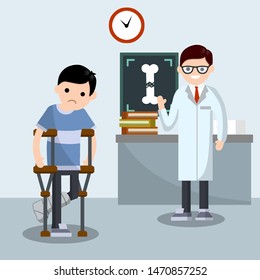 Man with broken leg. Patient in hospital on crutches. doctor in white coat. guy with injury. Hospital room. Medical care. Cartoon flat illustration. White bone. Internal x-ray