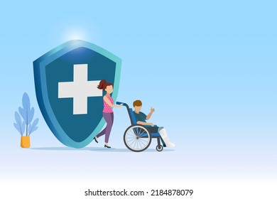 Man with broken leg in plaster cast on wheelchair with medical insurance shield. Medical and healthcare insurance planning for family accident and health protection.  