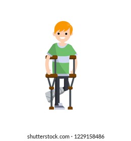 A man with a broken leg in plaster on crutches. A Person with a disability with injury. The sick guy's a The need for medical care.