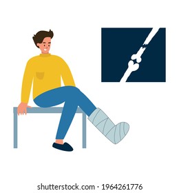 A man with a broken leg is sitting at the doctor. The leg is in a cast, a picture of the fracture