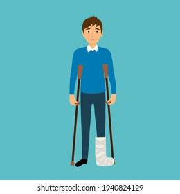 Man with broken leg and using crutches in flat design. Leg accident. Wounded male.