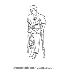 Man with broken leg using crutches for walking illustration vector hand drawn isolated on white background line art. 
