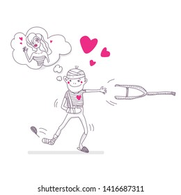 A man with broken limbs is positive and in love