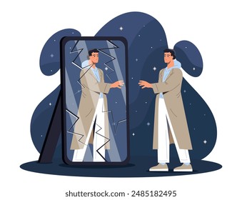 Man with broken mirror. Young guy in raincoat in dark looks at reflection in cracked mirror. Cracks in glass. Bipolar disorder and schizophrenia. Flat vector illustration isolated on white background