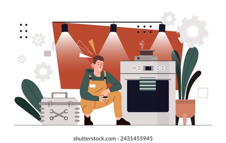 Hombre con el concepto de horno roto. Reparador arreglar problemas con el equipo de cocina. Joven en uniforme con reparación de caja de herramientas. Ilustración plana del vector de la historieta aislada sobre fondo blanco