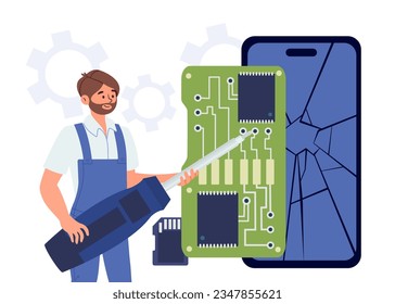 Man with broken phone concept. Young guy with screwer in uniform near large broken smartphone. Repairman and technician with gadget and device, chip. Cartoon flat vector illustration