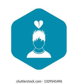 Man with broken red heart over head icon in simple style isolated on white background