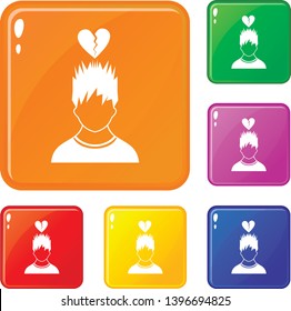 Man with broken red heart over head icons set collection vector 6 color isolated on white background