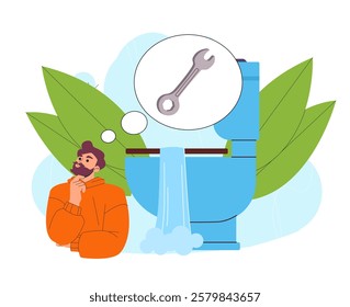 Man with broken toilet. Young guy thinks about wrench near leaking toilet. Repair, renovation and fixing problems at home. Maintenance worker and handyman. Flat vector illustration