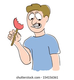 Man with broken tooth and a lollipop.