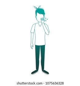 Man with broken tooth on blue lines