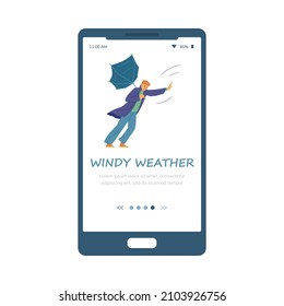 Man With Broken Umbrella In A Windy Autumn Weather. Umbrella Is Blown Away With A Strong Wind, Person Struggle In Storm Hurricane. Heavy Wind Flat Vector Illustration.