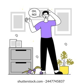 Man with broken vase simple. Sad young guy standing indoors with flower at floor. Dirty apartment and room with mess and chaos. Linear flat vector illustration isolated on white background