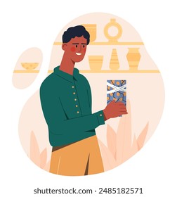 Hombre con jarrón roto. Joven con productos de cerámica rajada. Cerámica y vajilla. Persona arregla vajilla. Reparación de ánforas en casa. Ilustración vectorial plana aislada sobre fondo blanco