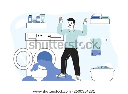 Man with broken washing machine. Young guy in bathroom shocked by flood. Teenager near broken household appliances. Problems with sewerage in apartment. Linear vector illustration