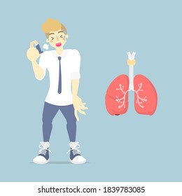 man with bronchodilator(asthma inhaler) and lungs, internal organs anatomy body part nervous system, health care concept, vector illustration cartoon flat design clip art