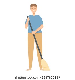 Man with broom cleaning tool icon cartoon vector. Indoor house cleaning equipment. Housekeeping activity.