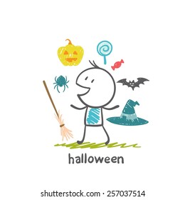 man with a broom, hat, spider, bat, candy, Halloween pumpkin, illustration
