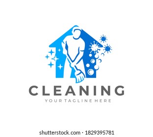 Man With Broom, House Cleaning And House Cleanup Service, Logo Design. Sanitizing, Disinfecting, Virus, Hygiene And Cleanliness, Vector Design And Illustration