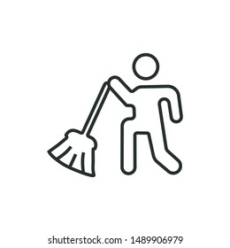 man with a broom - minimal line web icon. simple vector illustration. concept for infographic, website or app.