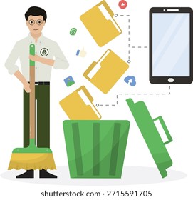 Man with broom organizing digital content by deleting files from smartphone into trash bin on transparent background. Perfect for tech cleanup and data management concepts. Vector illustration