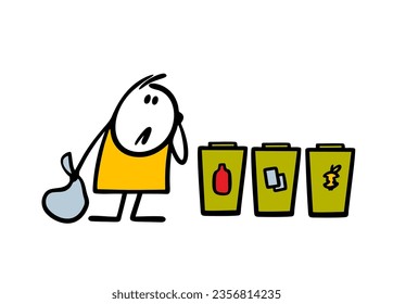 El hombre trajo una bolsa de basura y no sabe dónde tirarla. Ilustración vectorial de la clasificación de residuos, cubos de basura, plástico, alimentos y papel de desecho de papel. Persona aislada de fondo blanco.