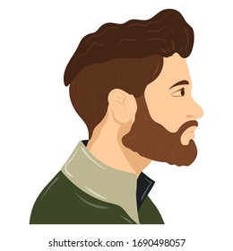 A man with brown curly hair and a large beard looks into the distance. The guy stands sideways and peers forward. European, Englishman, American, Canadian, Irish. Vector flat cartoon illustration.