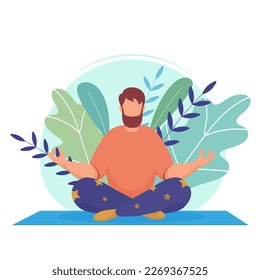 A man with brown hair meditates in nature, and sits on a rug. Illustration for yoga, meditation, healthy lifestyle. Vector illustration in flat cartoon style.