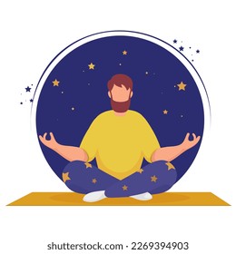 A man with brown hair meditating near the stars at night and sitting on a rug. Illustration for yoga, meditation, and healthy lifestyle. Vector illustration in flat cartoon style.