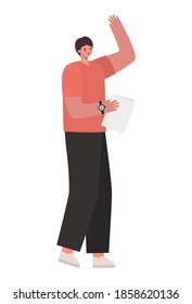 man with brown hair, a salmon color shirt and one paper vector illustration design