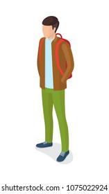 Man in brown jacket, green trousers, blue shoes with red rucksack vector isolated on white. Student or college boy cartoon character, stylish guy
