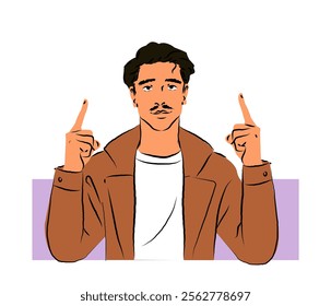 Man in a brown jacket pointing upward with both hands, wearing a white shirt, set against a light purple background. Clean and modern style. Flat cartoon vector illustration