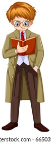 Man in brown overcoat reading book illustration