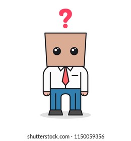 Man with brown paper bag on head and question mark over him. Cartoon character design. Front view