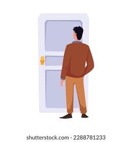 Man in brown suit standing and watching on closed door flat style, vector illustration isolated on white background. Entry or exit, yellow doorknob, design element