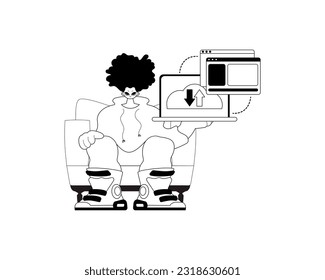 The Man with the browser that synchronizes the datum . Cloud storehouse typography . bootleg and ashen touch artwork. Trendy style, Vector Illustration