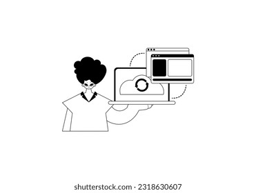 The Man with the browser that synchronizes the datum . Cloud storehouse theme . Black and ashen line art. Trendy style, Vector Illustration