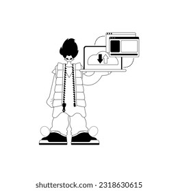 The Man with the browser that synchronizes the datum . Cloud storehouse typography . bootleg and ashen touch artwork. Trendy style, Vector Illustration