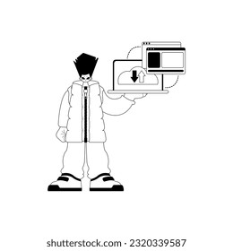 The Man with the browser that synchronizes the datum . Cloud storehouse typography . bootleg and ashen touch artwork. Trendy style, Vector Illustration