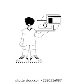 The Man with the browser that synchronizes the datum . Cloud storehouse typography . bootleg and ashen touch artwork. Trendy style, Vector Illustration