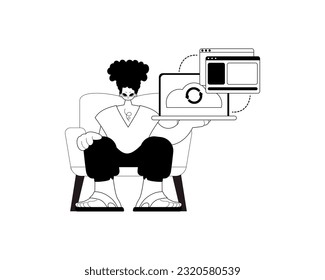 The Man with the browser that synchronizes the datum . Cloud storehouse typography . bootleg and ashen touch artwork. Trendy style, Vector Illustration
