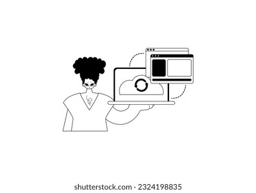 El hombre con el navegador que sincroniza la referencia . Tipografía del almacén de nubes . ilustración de contacto de inicio y ashen. Estilo de moda, Ilustración vectorial