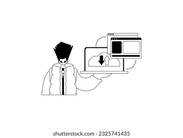 The Man with the browser that synchronizes the datum . Cloud storehouse theme . black and ashen line art. Trendy style, Vector Illustration