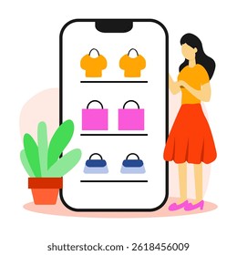 Man browsing clothing products on mobile shopping app, surrounded by colorful bags. Great for e-commerce marketing, online fashion store banners, mobile UI templates.