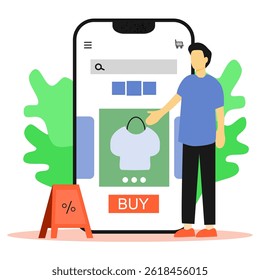 Man browsing clothing products on mobile shopping app, surrounded by colorful bags. Great for e-commerce marketing, online fashion store banners, mobile UI templates.