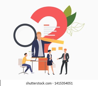 Hombre navegando por la información, la gente hablando Ilustración vectorial. Internet, discusión, preguntas frecuentes. Concepto de motor de Búsqueda. Diseño creativo para diseños, páginas de Web, Anuncios